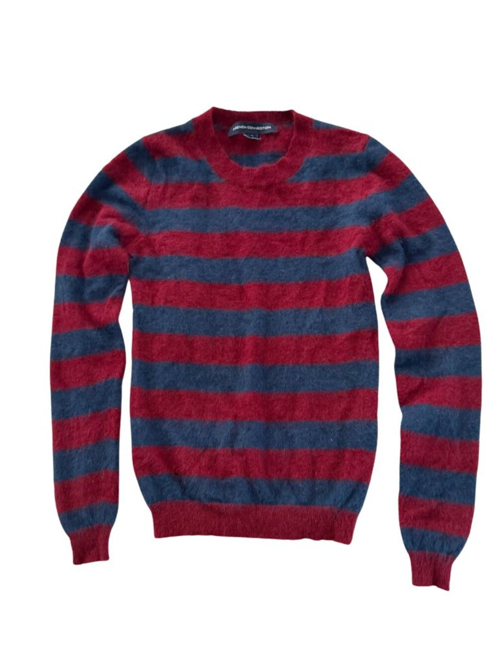 French Connection Striped Angora Blend Pullover Sweater Navy & Burgundy Sz XS